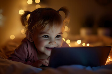 Happy girl is using computer laptop in bed at night. Child leisure on notebook, play in game at home in bedroom. Portrait of cheerful girl
