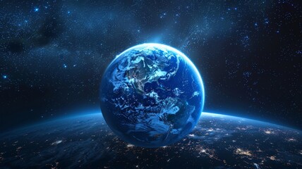 Nightly Earth planet in outer space. City lights on planet. Life of people. Solar system element.