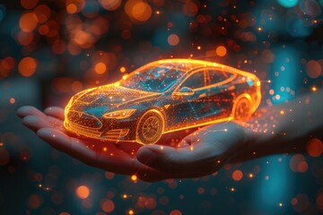 Hand Holding Car Plate Digital Polygonal Mesh Wireframe with Dots, Lines, and Glowing Stars; Representing Auto Centers, Cars for Sale or Rent, with Dark Blue Abstract  Illustration - obrazy, fototapety, plakaty