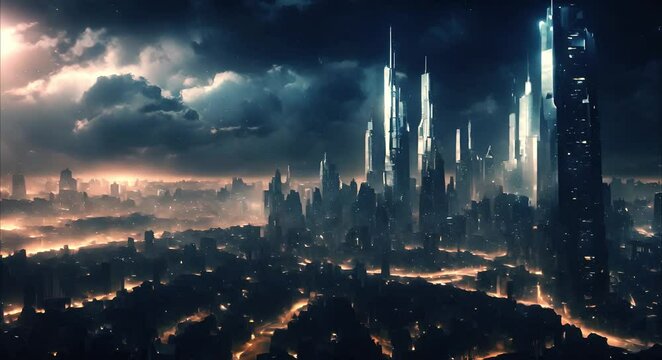 A dark futuristic city skyline with a storm approaching. Cloudy dark sky. Tall skyscrapers and city lights. Apocalyptic futurism. Blue hues. Misty, foggy and stormy. Areal view. Vast cityscape.