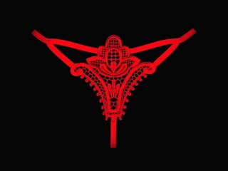 Women's fashion red lace thong on a black background.