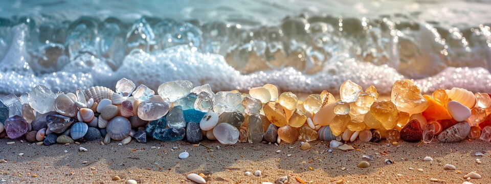 Develop a calendar featuring monthly images of the beach with transparent colored natural stones, highlighting different seasons and moods.