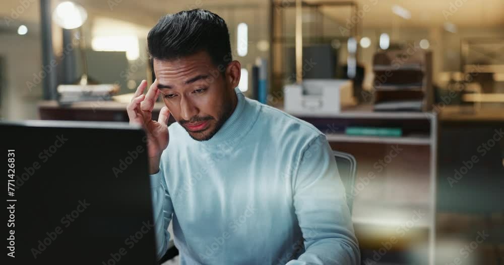 Poster Businessman, headache and migraine in office with stress and burnout for online research on work project. Asian person, computer and tired with eye strain in workplace and fatigue or anxiety at desk