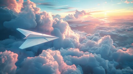 Paper airplane journeying through sunset clouds