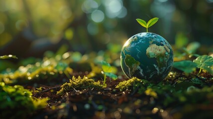 world environment day, earth day ,Environmentally friendly planet poster. Ecology concept.Globe On Moss In Forest Environmental Earth day concept.