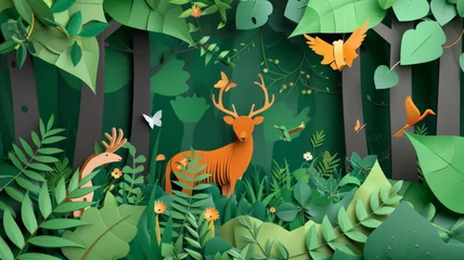 Keuken spatwand met foto world environment day. earth day. World Wildlife Day with the animal in forest , Paper art and digital craft style. © Tong