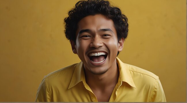 young indonesian man on plain bright yellow background laughing hysterically looking at camera background banner template ad marketing concept from Generative AI