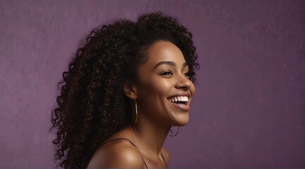 young jamaican woman on plain bright purple background laughing hysterically looking at camera background banner template ad marketing concept from Generative AI