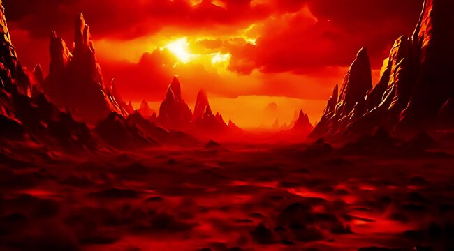 A heated red hellish alien planet landscape with reds, oranges and yellow hues. Hell or purgatory concept. Vast mars landscape with desert terrain and sharp mountain peaks in the vast horizon. Sci-fi