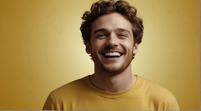 young white man on plain bright yellow background laughing hysterically looking at camera background banner template ad marketing concept from Generative AI