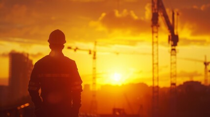 Construction Worker Silhouette at Sunset  - obrazy, fototapety, plakaty