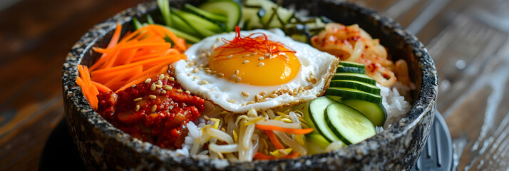 Authentic Korean Stone Bowl Bibimbap with Assortment of Finely Sliced Vegetables and Chili Paste