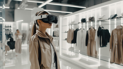 A girl in a modern clothing shop wearing a virtual reality mask.