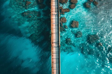 aerial view of a wooden bridge in the sea, drone view of turquoise water
