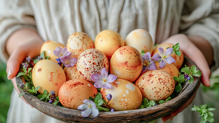 Fototapeta premium Easter Delight Woman with Linen Dress Holding a Bowl of Colorful Spring Eggs