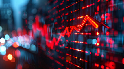 Dynamic digital stock market data display with glowing red trend line.