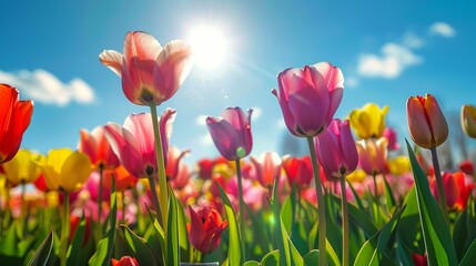 Fototapeta premium A stunning image of a field brimming with vibrant red tulips, illuminated by the rays of sunlight.