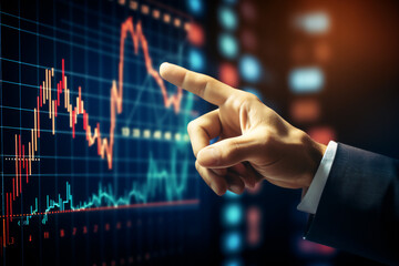 hand of businessman pointing at stock price graph - obrazy, fototapety, plakaty