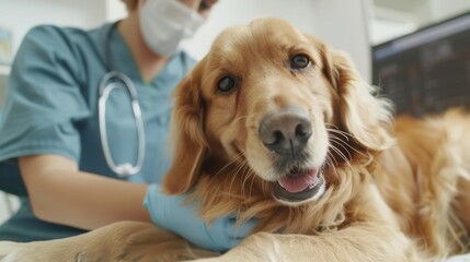 A veterinarian examining a pet in a veterinary clinic. 