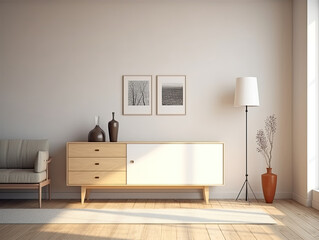 living room interior with wooden sideboard. Generative AI.
