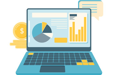 laptop with graph and charts, laptop displays infographic