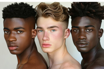 Three young and pretty, diverse and metrosexual males