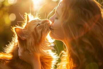 Beautiful woman and her cat enjoying the sunset in the field. Golden hour