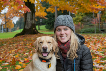 Beautiful woman and her dog enjoying the autumn in the forest. Golden hour