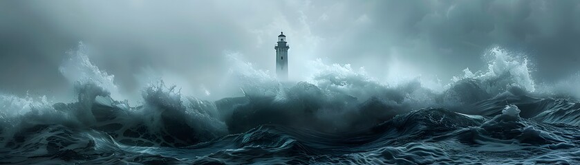 A solitary lighthouse stands resilient against towering stormy sea waves under a moody dusk sky, evoking a sense of guidance and steadfastness. - obrazy, fototapety, plakaty
