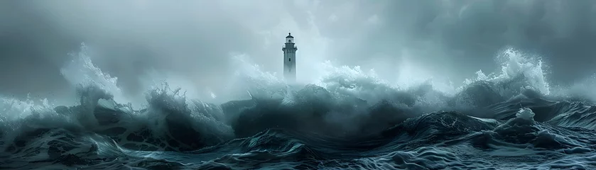 Foto op Plexiglas A solitary lighthouse stands resilient against towering stormy sea waves under a moody dusk sky, evoking a sense of guidance and steadfastness. © Chomphu