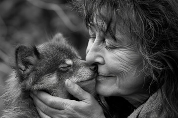 Senior woman hugging her dog