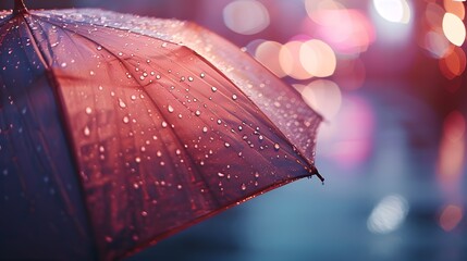 Raindrops on a Red Umbrella at Night in the City with Beautiful Bokeh Lights