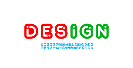 Font thick alphabet bold with white dots, letters A, B, C, D, E, F, G, H, I, J, K, L, M, N, O, P, Q, R, S, T, U, V, W, X, Y, Z and numerals 0, 1, 2, 3, 4, 5, 6, 7, 8, 9, vector illustration 10EPS