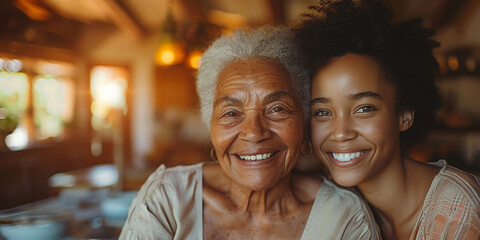 A heartwarming portrait of a black grandmother and granddaughter together, sharing happiness and love. - obrazy, fototapety, plakaty