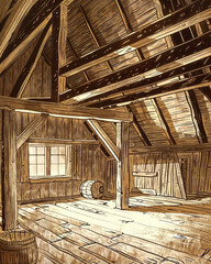 Fototapeta na wymiar Rustic Attic, barn, Sepia-Toned Illustration, Background for Mystery Book Covers, Haunted House Themes, Historical Renovation Projects, Farming, Vintage Card