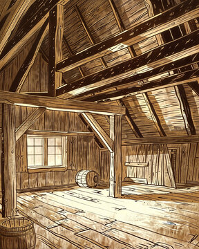 Rustic Attic, barn, Sepia-Toned Illustration, Background for Mystery Book Covers, Haunted House Themes, Historical Renovation Projects, Farming, Vintage Card