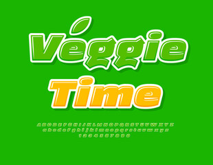 Vector eco concept Veggie Time. Trendy Glossy Font. Bright Green Alphabet Letters and Numbers set. 