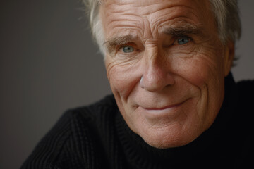 Obraz premium Close-up portrait of an 80-year-old senior man, emanating positivity and vitality with his joyful smile and expressive eyes, against a sleek gray studio backdrop