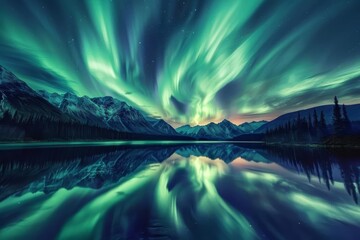 Glowing Enigma Northern Lights Mirroring on a Tranquil Lake - obrazy, fototapety, plakaty
