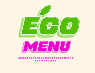 Vector eco concept Eco Menu. Creative Bright Font. Artistic 3D Alphabet Letters and Numbers set. 
