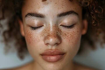 Intimate Detail Mixed Race Woman with Freckles and Closed Eyes