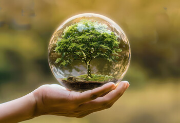 A hand holds a glass sphere containing a green tree inside, symbolizing sustainable development, eco-friendly living, and environmental protection.
