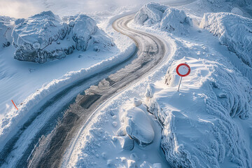 Veiled Frozen Mountain Road Perspective, road adventure, path to discovery, holliday trip, Aerial view