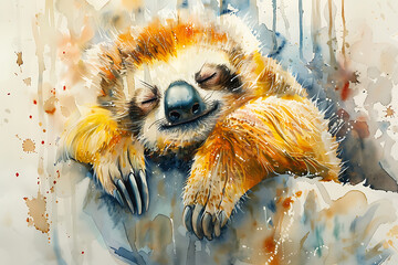 Fototapeta premium hand drawn portrait of a watercolor sleeping sloth