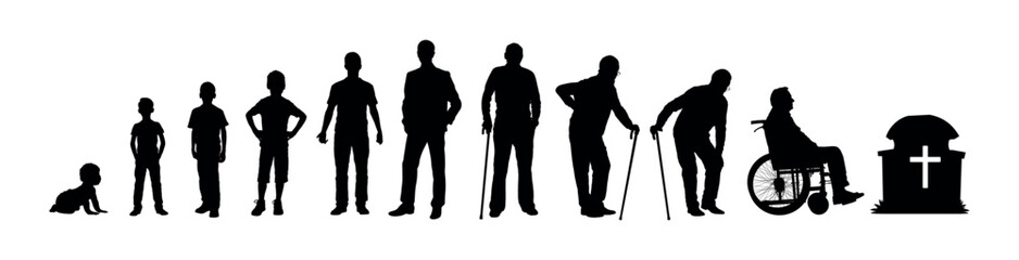 Man life cycle and aging process stages from baby to death human life path vector silhouette set.	