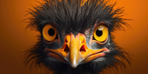 Close-up of an imposing bird's face with fierce yellow eyes and a bright orange beak against an orange background. - obrazy, fototapety, plakaty