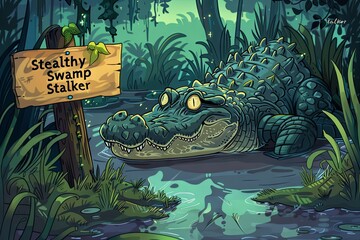 a cartoon cunning crocodile lurking beneath the surface of a murky swamp, its sign reading 