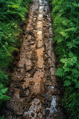 Fototapeta premium Muddy Path Through Rural Countrysid, road adventure, path to discovery, holliday trip, Aerial view