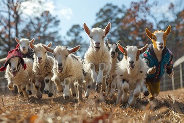 group of mischievous goats staging a daring escape from their pen to embark on a thrilling adventure through the countryside, leaping over fences and evading