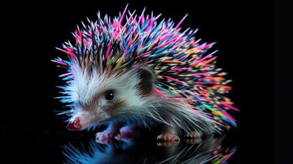 Colorful hedgehog with rainbow spikes walking in autumn leaves. - Powered by Adobe
